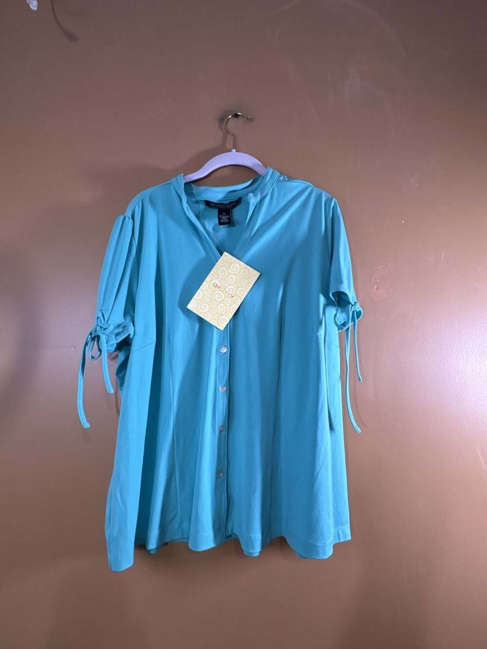 HC1140 Dialogue Bright Blue Button-Up Blouse Top with Tie Sleeves Size 1X
